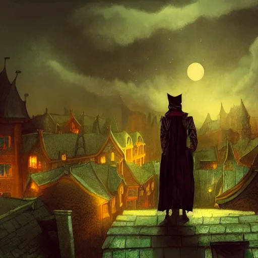 Image similar to a vampire stands on top of a village roof, looks down on street, night, fantasy, concept art, intricate detail, gothic