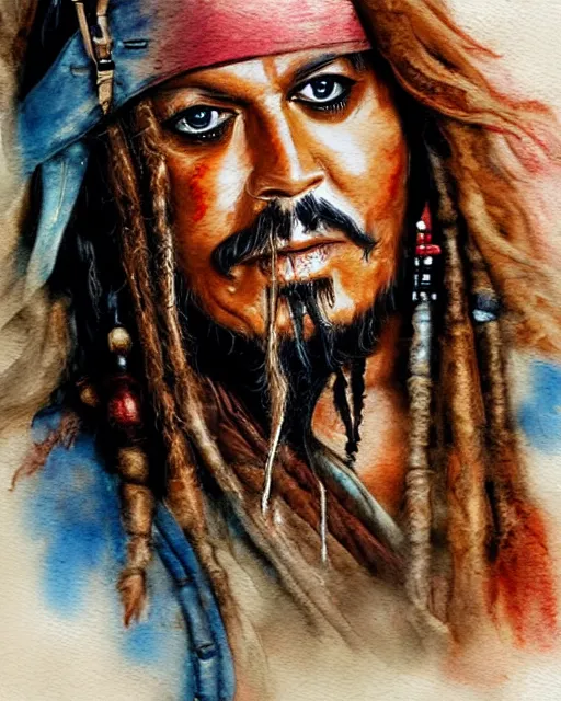 Image similar to portrait of captain jack sparrow, painterly style, matte illustration, watercolour