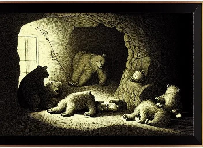 Image similar to Pieter Claesz's 'a bear and her cubs sleeping in a dark cave, lit by hole in roof', night time, cross hatching, framed, monochrome, yellow