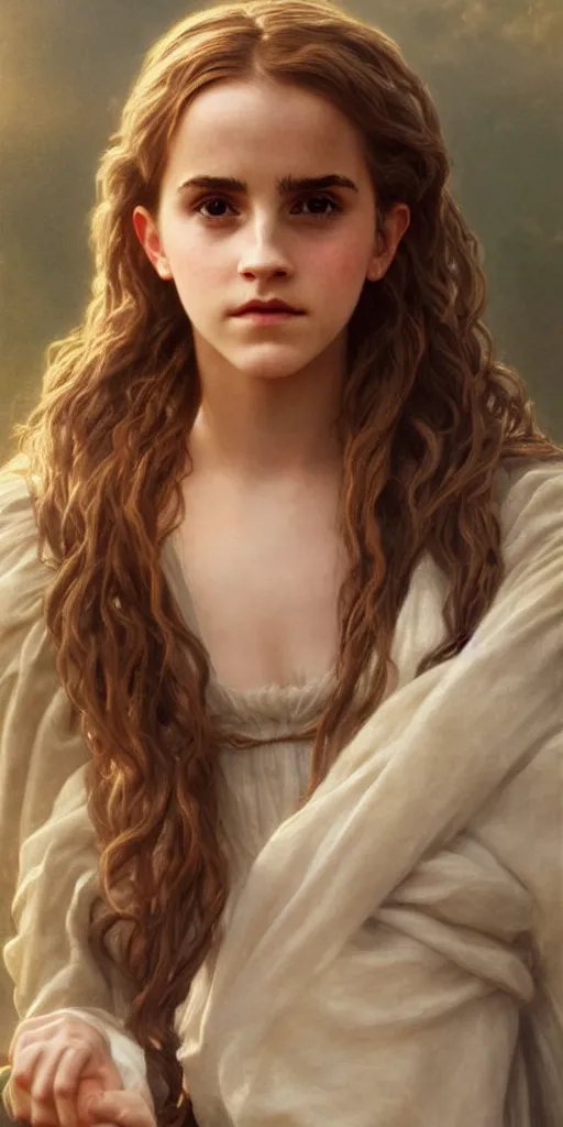 Image similar to photo photorealistic portrait photograph of Emma Watson as Hermione Granger. william adolphe bouguereau. During golden hour. soft light Extremely detailed. detailed photograph Beautiful. 4K. Award winning.