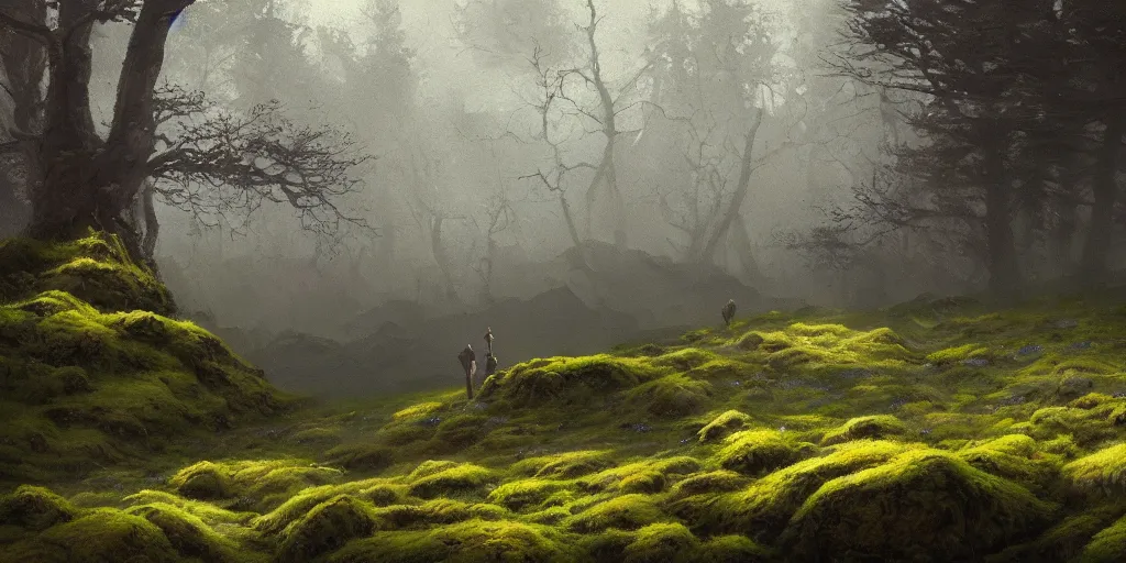Image similar to beautiful oil painting of a rocky field with moss, a tree with blue leaves, glowing, gloomy, atmospheric lighting, detailed, by greg rutkowski, trending on artstation