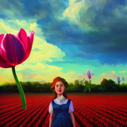 Image similar to dutch girl with one giant tulip as a face, surreal photography, flower field, sunset dramatic light, impressionist painting, colorful clouds, blue sky, digital painting, artstation, simon stalenhag