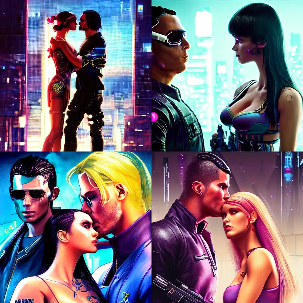 Prompt: a cyberpunk 2077 couple portrait of Cristiano Ronaldo & Barbie doll android final kiss in the night city,love,art by John Collier and Albert Aublet and Krenz Cushart and Artem Demura and Alphonse Mucha,John Wick,Replicas,artstation,deviantart,FAN ART,Digital painting,face enhance,highly detailed,8K,octane,golden ratio,cinematic lighting