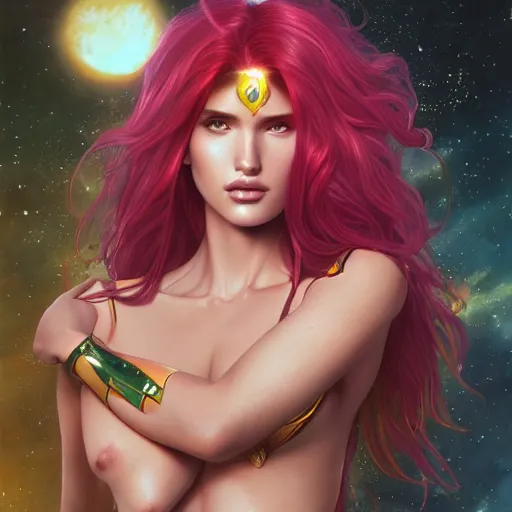 Image similar to ultra realistic illustration, bella thorne as starfire anime, intricate, elegant, highly detailed, digital painting, artstation, concept art, smooth, sharp focus, illustration, art by artgerm and greg rutkowski and alphonse mucha and wlop