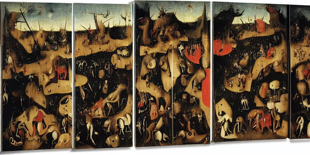 Image similar to A moshpit, oil on oakwood, triptych, by Hieronymous Bosch