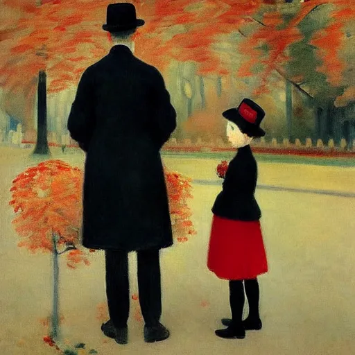 Prompt: a thin man in a black coat and bowler hat talks with small young girl who is dressed in a red coat and a red hat, park, autumn, 1923, wide angle, high detail, in style of Berthe Morisot, 8k, width 768