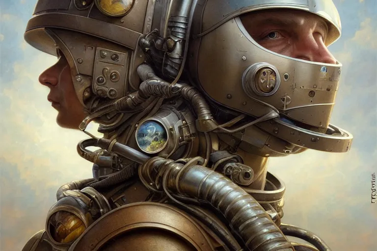 Image similar to portrait shot of ww 1 astronaut, intricate, elegant, highly detailed, centered, digital painting, artstation, concept art, smooth, sharp focus, illustration, artgerm, tomasz alen kopera, peter mohrbacher, donato giancola, joseph christian leyendecker, wlop, boris vallejo