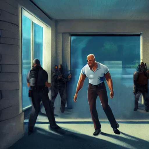 Image similar to dwayne the rock johnson robbing a 7 / 1 1 with joe biden and obama, cinematic, fantasy artwork, dyanic lighting, detailed, raytracing, realistic