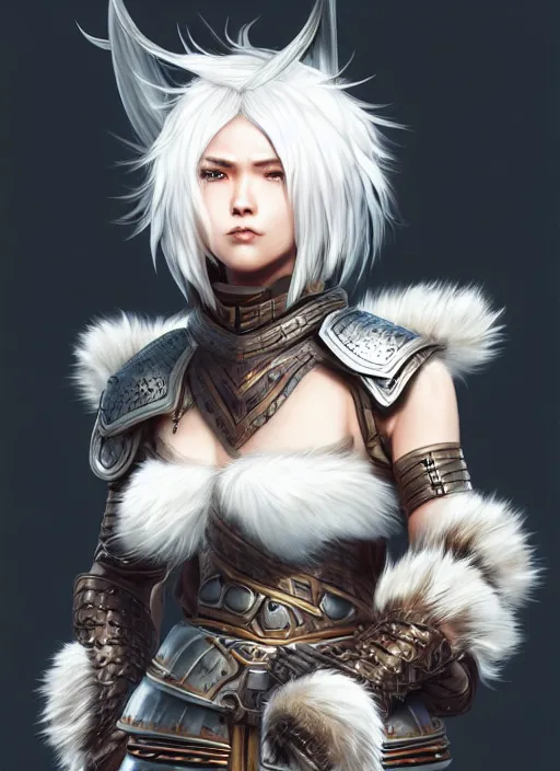 Image similar to warrior, fur - lined heavy armor!!! beautiful and athletic white hair female!! monster hunter!! character concept art, sharp focus, octane render! unreal engine 5! highly rendered!! trending on artstation!! detailed linework!! illustration by artgerm, wlop, and chie yoshii