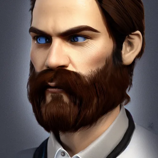Image similar to a highly detailed portrait of a man, with a brown short beard and short hair, blue eyes, wearing a tuxedo, artstation, deviantart, professional, unreal engine 5, photorealistic