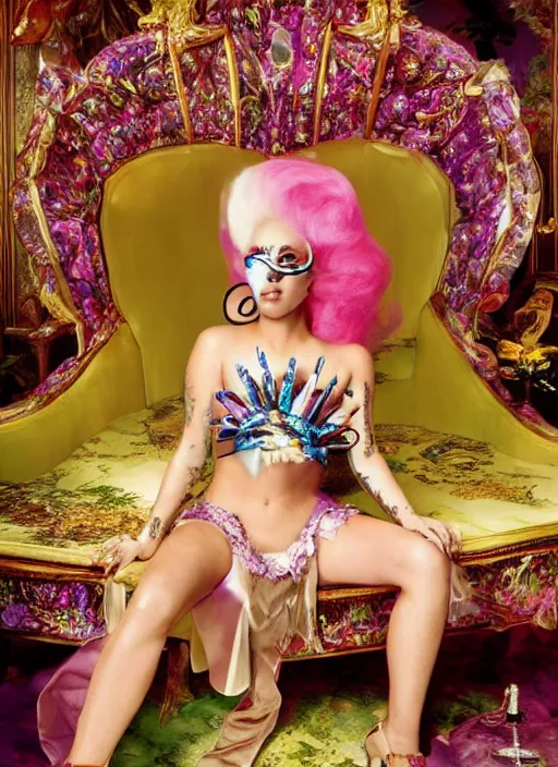 Image similar to lady gaga styled by david lachapelle posing in an expensive mansion setting , vogue magazine, Highly realistic. High resolution. Highly detailed. Dramatic. 8k.4k.