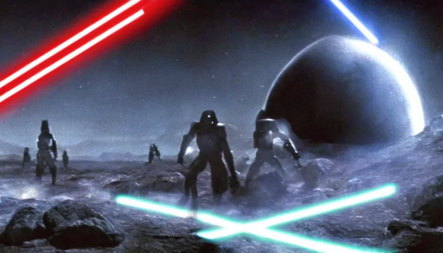 Image similar to iconic cinematic screenshot of sith planet, thriller scene from the star wars sci fi film directed by stanley kubrick, glowing lasers, 4 k, uhd film still, anamorphic lenses 2 4 mm, lens flare, award - winning