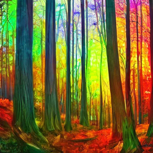 Prompt: a dark forest with shafts of colorful light