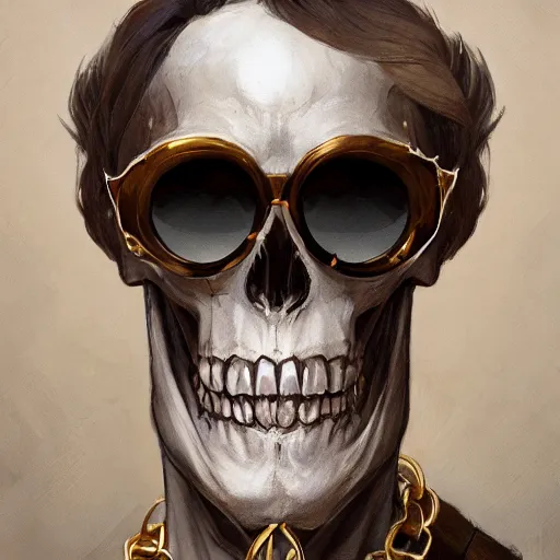 Prompt: commission portrait of a skeleton wearing sunglasses and a golden chain around the neck,character design by charles bowater,greg rutkowski,ross tran,hyperdetailed,hyperrealistic,4k,deviantart,artstation,professional photography,concept art,detailed face,cg society