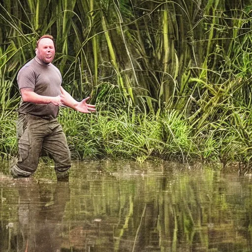 Prompt: “ alex jones in a swamp being chased by dozens of angry frogs, photography, high resolution ”