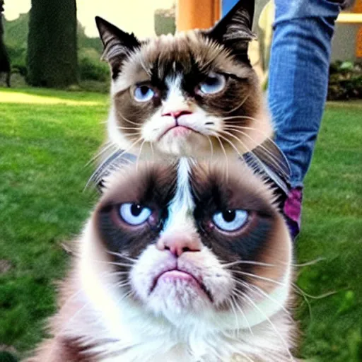 Image similar to a huge smile with grumpy cat, time and space bends when something covers her face