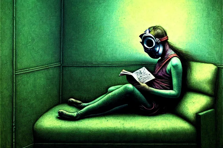 Prompt: girl with wearing a gas mask lying on the sofa reading a book in her room, in the style of beksinski, solarpunk, atmospheric, intricate and epic composition, green by caravaggio, insanely quality, highly detailed, masterpiece, blue light, artstation, 4 k