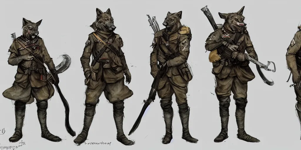 Image similar to concept art of a high fantasy ww1 werewolf soldier using a bazooka trending on artstation, detailed high resolution