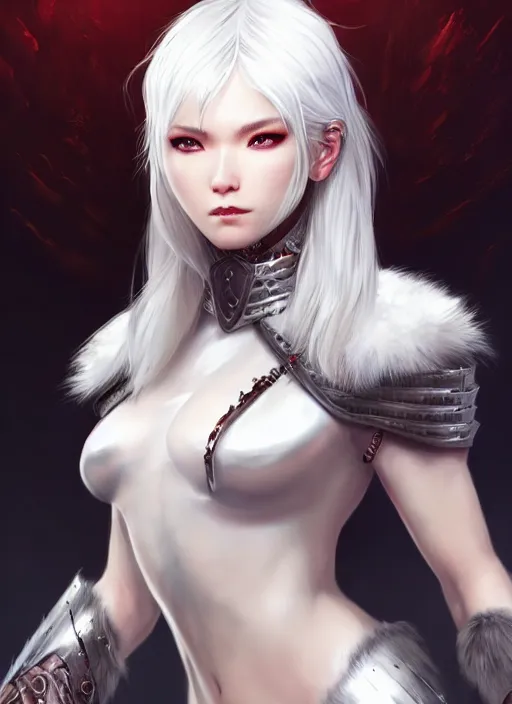 Image similar to warrior, fur leather armor!!! beautiful and elegant white hair female!! gorgeous ayes!! character concept art, sharp focus, octane render! unreal engine 5! highly rendered!! trending on artstation!! detailed linework!! illustration by artgerm, wlop, and chie yoshii