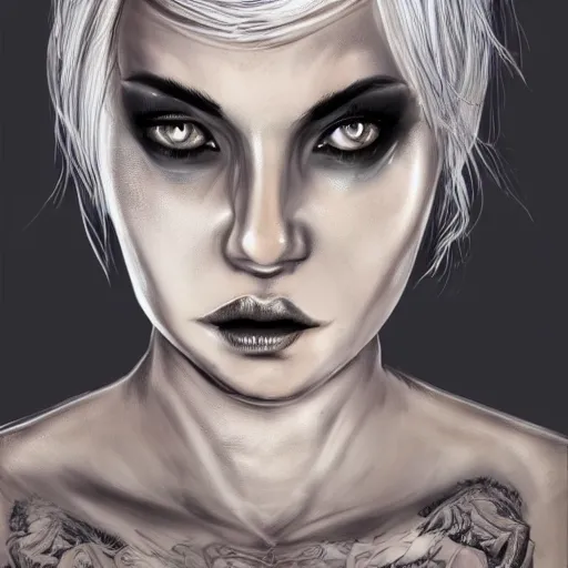 Prompt: Hot young woman, winking, grey skinned, void eyeballs, white hair, tattoos, wearing leather jacket and wifebeater tank top, digital art, concept art, 4k,