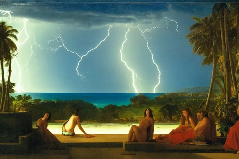 Image similar to From inside of the palace, refracted lightnings on the ocean, thunderstorm, greek pool, beach and Tropical vegetation on the background major arcana sky and occult symbols, by paul delaroche, hyperrealistic 4k uhd, award-winning, very detailed paradise