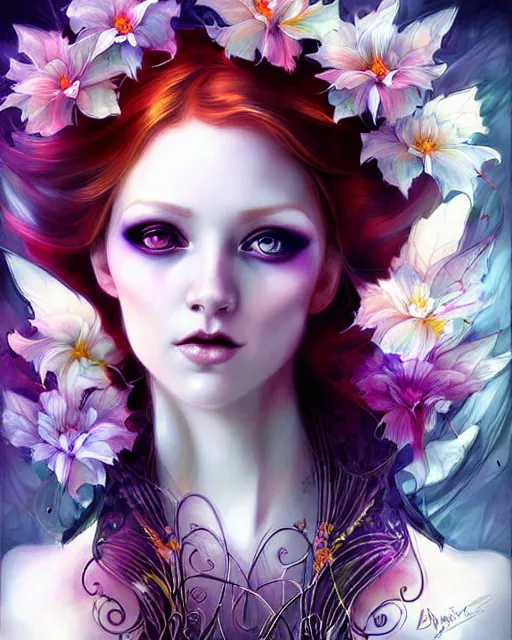 Image similar to Beautiful, evil and playful ethereal ginger portrait, art nouveau, fantasy, intricate flower designs, elegant, highly detailed, sharp focus, art by Artgerm and Yossi Kotler, Carne griffith and WLOP