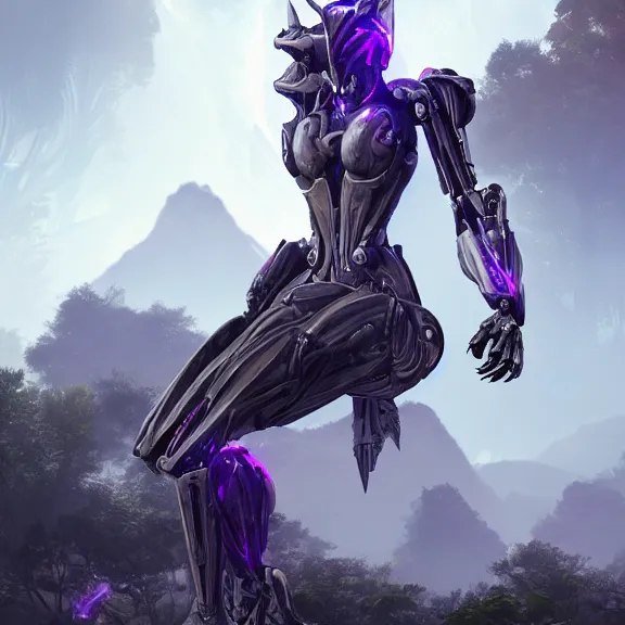 Image similar to extremely detailed cinematic low ground shot of a giant 1000 meter tall beautiful stunning female warframe goddess, that's an anthropomorphic hot robot mecha female dragon, silver sharp streamlined armor, detailed head, sharp claws, glowing Purple LED eyes, sitting cutely on a mountain in the background, a tiny forest with a village in the foreground, fog rolling in, dragon art, warframe fanart, Destiny fanart, micro art, macro art, giantess art, fantasy, goddess art, furry art, furaffinity, high quality 3D realism, DeviantArt, Eka's Portal, HD, depth of field