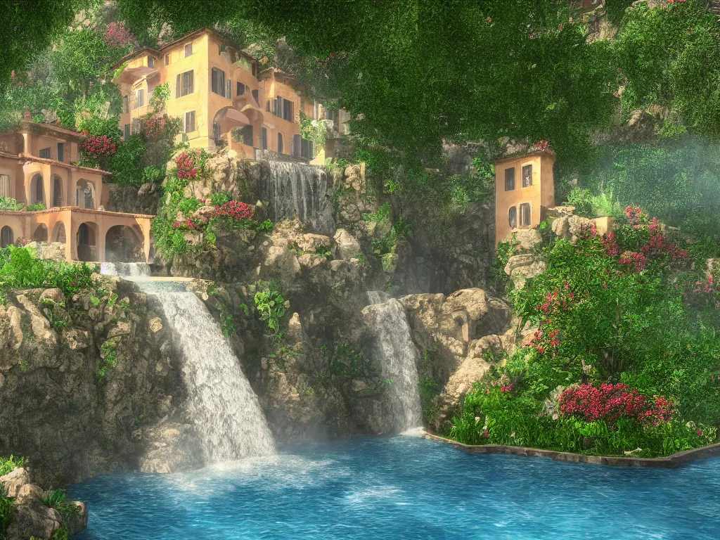 Prompt: Italian villa with a beautiful waterfall in the background, bloom effect, 8k, god rays, trending on artstation