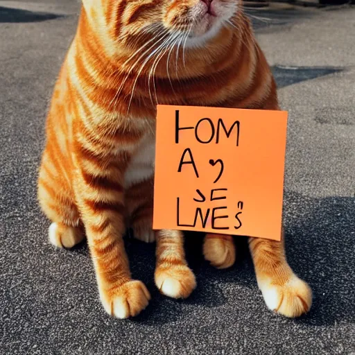 Prompt: cute orange tabby cat holding a sign that says