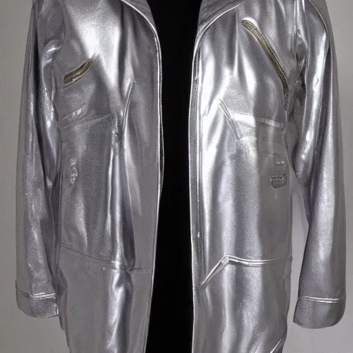 Image similar to a silver dirty jacket, retrofuturism