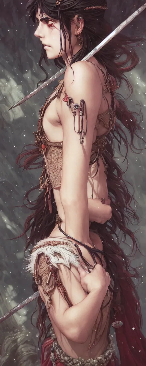 Image similar to emotional and moody princess mononoke full body portrait, dark fantasy studio ghibli , closeup, D&D, fantasy, intricate, elegant, highly detailed, digital painting, artstation, concept art, matte, sharp focus, illustration, art by Artgerm and Ayami Kojima and Tom Bagshaw and Greg Rutkowski and Alphonse Mucha