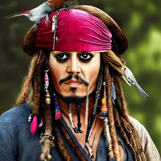 Image similar to jack sparrow with a parrot on the shoulder, portrait, 8k resolution