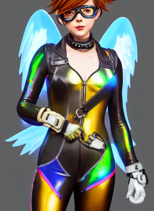Image similar to portrait bust digital artwork of tracer overwatch, wearing iridescent rainbow latex and leather straps catsuit outfit, expressive happy face, makeup, in style of mark arian, angel wings, wearing detailed leather collar, chains, black leather harness, detailed face and eyes,