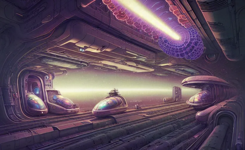 Image similar to urban train design only! 2 0 5 0 s retro future art 1 9 7 0 s science fiction borders lines decorations space machine, mech, robot. muted colors. by jean - baptiste monge, ralph mcquarrie, marc simonetti, 1 6 6 7. mandelbulb 3 d, fractal flame, jelly fish, coral, cinematic lightning