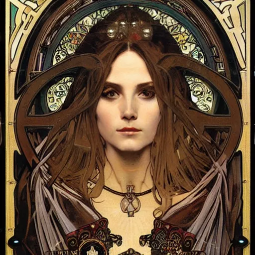 Prompt: realistic detailed face portrait of Hecate by Alphonse Mucha, Greg Hildebrandt, and Mark Brooks, gilded details, spirals, Neo-Gothic, gothic, Art Nouveau, ornate medieval religious icon
