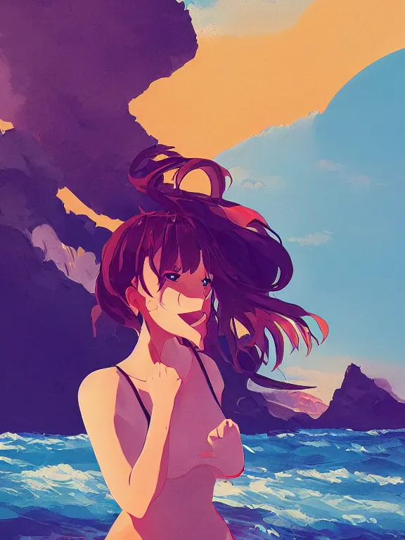 Image similar to Portrait of a happy anime woman on the beach near the ocean, by james gilleard