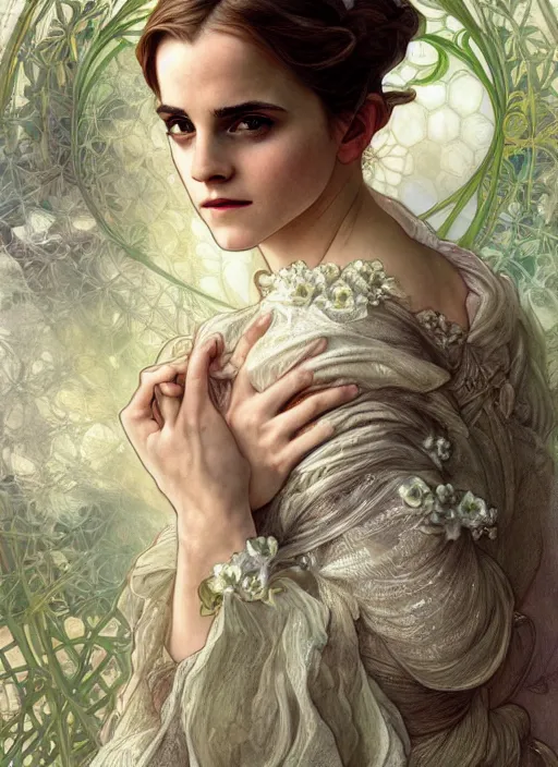 Image similar to Emma Watson as Godness of Love, cute, fantasy, intricate, elegant, highly detailed, digital painting, 4k, HDR, concept art, smooth, sharp focus, illustration, art by alphonse mucha,artgerm, H R Giger, beautiful detailed intricate insanely detailed octane render, 8K artistic photography, photorealistic,