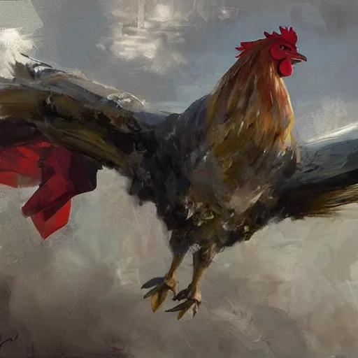 Prompt: rooster from top gun flying like superman, by Jeremy Mann, stylized, detailed, realistic, cool tones