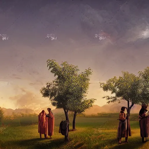 Prompt: Four wise scholars standing at the edge of a beautiful orchard at twilight, detailed and realistic matte painting, digital art