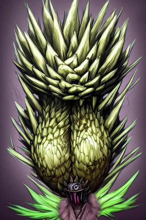 Image similar to a humanoid artichoke monster with large orb eyes, highly detailed, digital art, sharp focus, trending on art station, plant, anime art style