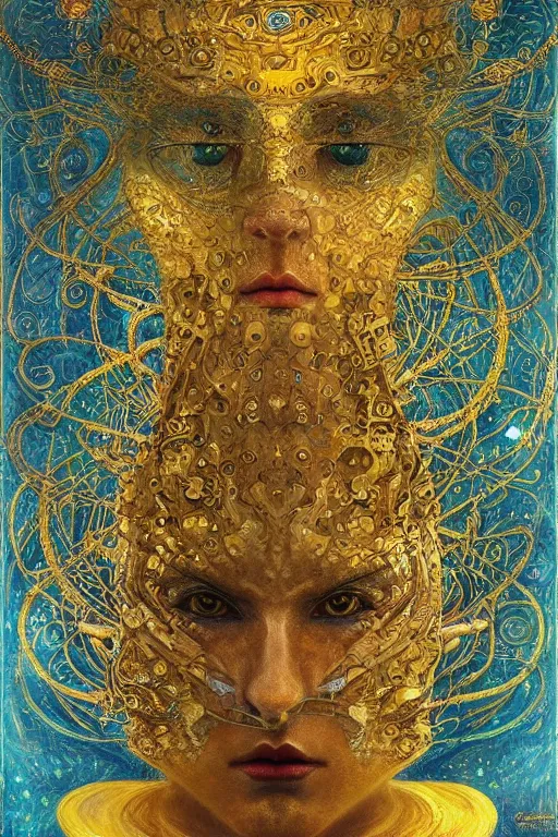 Image similar to Machinery of Fate by Karol Bak, Jean Deville, Gustav Klimt, and Vincent Van Gogh, otherworldly, fractal structures, ornate gilded medieval icon, third eye, spirals