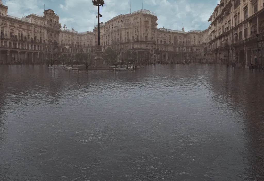 Prompt: kodak portra 4 0 0 photographic and realistic, plaza of spain, detailed, octane render, unreal engine, 4 k, artstation, hyper realistic, wide angle, floor flooded, how a river, objects that float, 3 5 mm, sharp focus, soft light, volumetric light fog, in the style of gregory crewdson