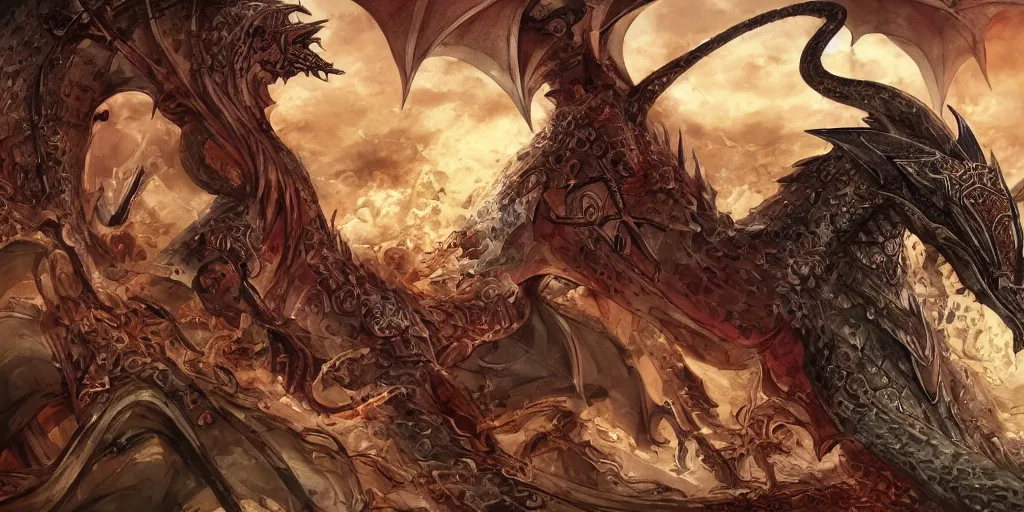 Image similar to sheikh mohammed ruler of dubai, medieval, human, village, berserk anime background, dragon rider, slimey, detailed features, concept art, pop art, illustration, smooth, sharp focus, intricate, 4 k