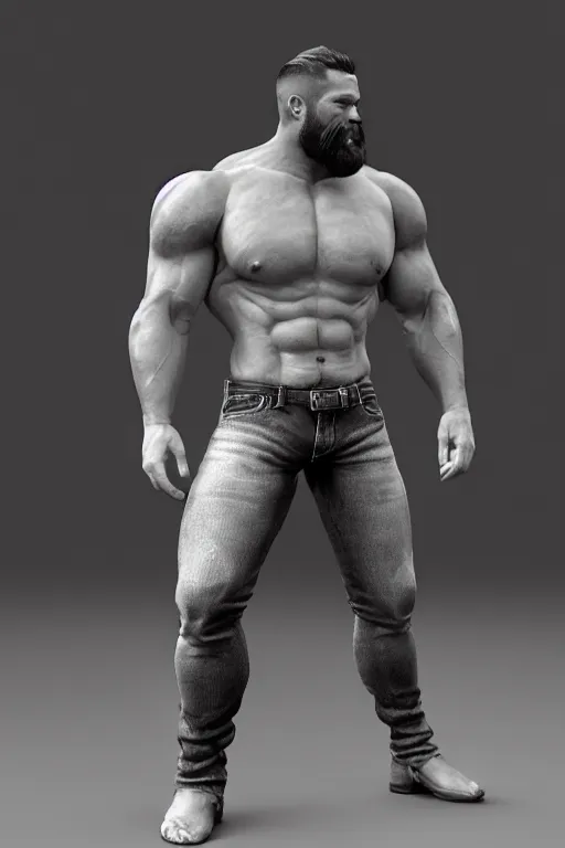 Prompt: a very muscular man with big beard wearing jeans, seductive pose, hyperrealistic, concept art, octane render, unreal engine 5, trending on artstation, high quality, highly detailed, stylish, elegant, path traced, black and white, realistic and detailed face, anatomically correct, five fingers, cinematic, high coherence, dramatic lighting, 8 k