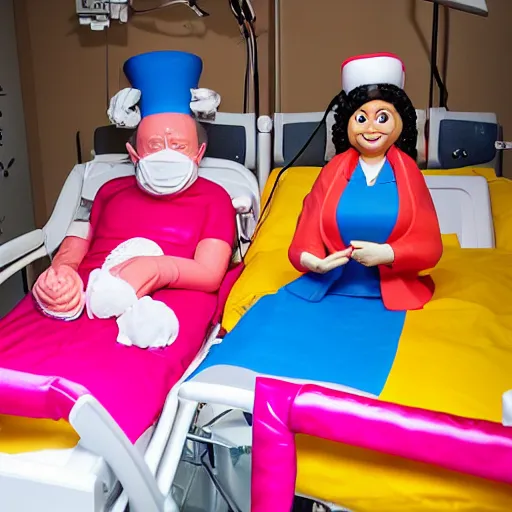 Image similar to photo of a happy patient and doctor or nurse in a hospital room made out of soft candy, candy hospital equipment, candy hospital room, candy treatments, oompa loompa virus, willy wonka pandemic