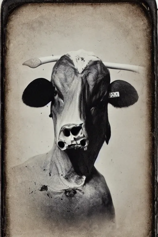 Prompt: cow skull, old vintage photography, damaged photo, daguerreotype, ambrotype, black and white, archive, film artifacts, scratches, tears, hyperrealistic, ultra detailed