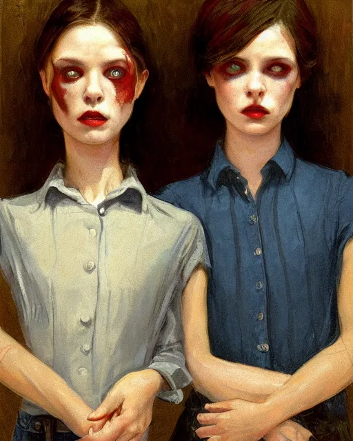 Prompt: two beautiful but creepy siblings wearing oxford shirts in layers of fear, with haunted eyes and dark hair, 1 9 7 0 s, seventies, wallpaper, a little blood, morning light showing injuries, delicate embellishments, painterly, offset printing technique, by brom, robert henri, walter popp