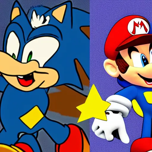 Image similar to 1940s disney film about super mario and sonic the hedgehog