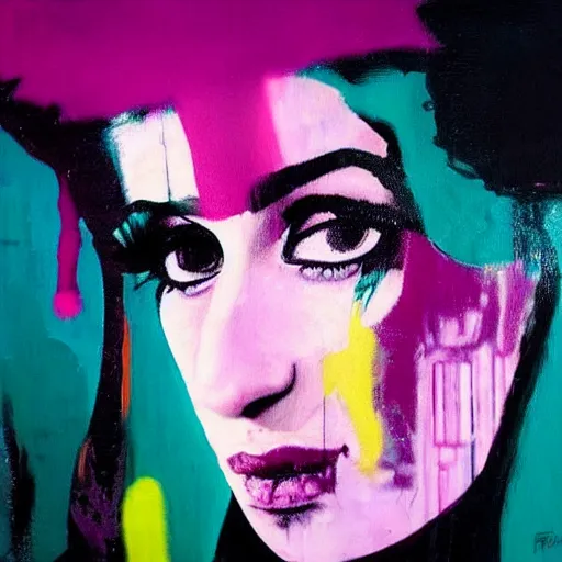 Image similar to amy winehouse, rain like a dream, oil painting, cyberpunk, basquiat + francis bacon, elevated street art, fantasy lut, pink, blue, purple, green,