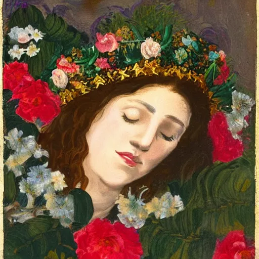 Prompt: a woman falling asleep in a bushes with a floral crown in the style of Serafino De Tivoli, Italian artist, upscaled